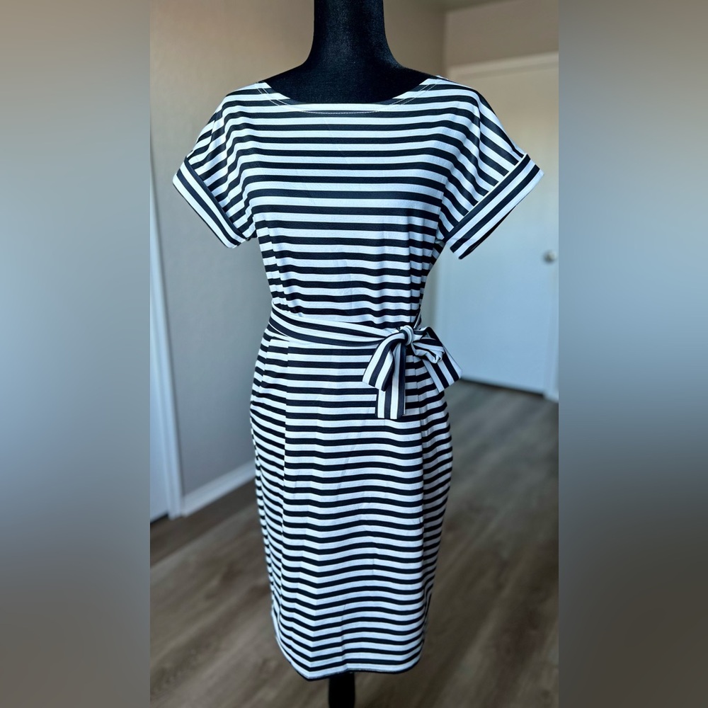Elegant Black and White Striped Midi Dress